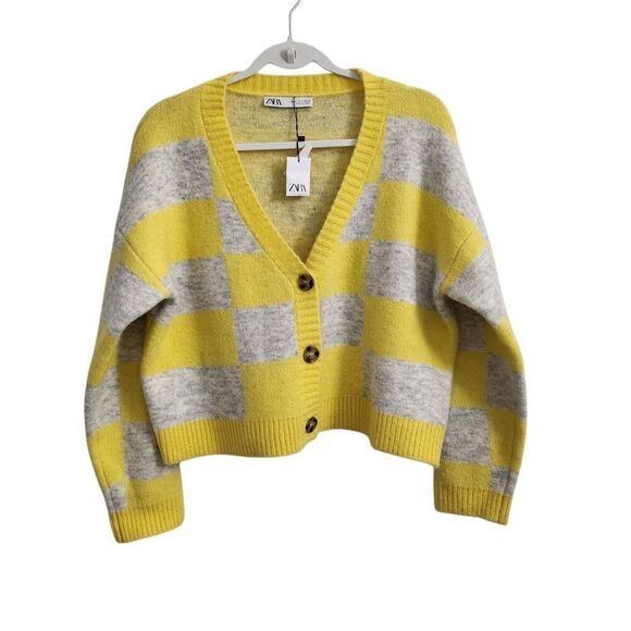 Zara Sweater Small Yellow Gray Check Plaid Knit Cardigan Alpaca Wool V-neck NWT - Picture 1 of 9